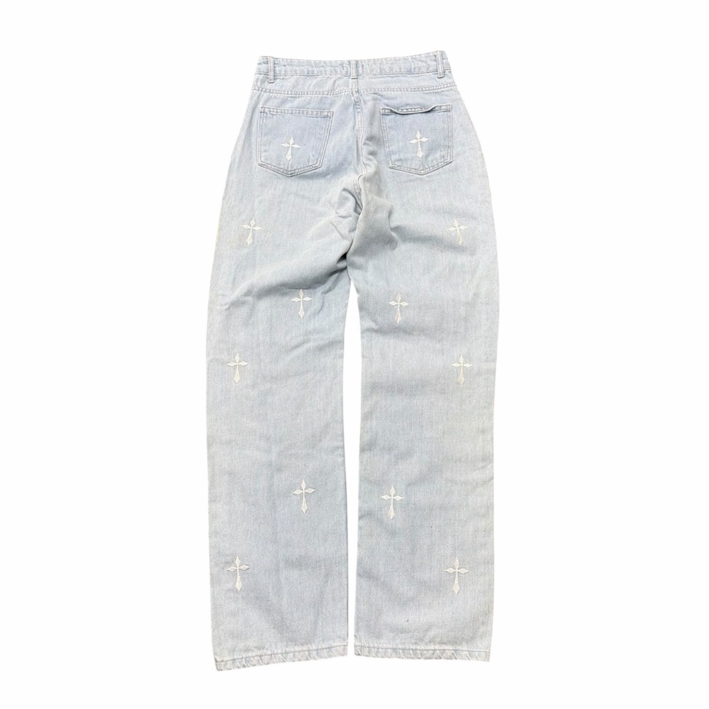 PrettyLittleThing Light Wash Cross Print High Rise Jeans US 8 30x30